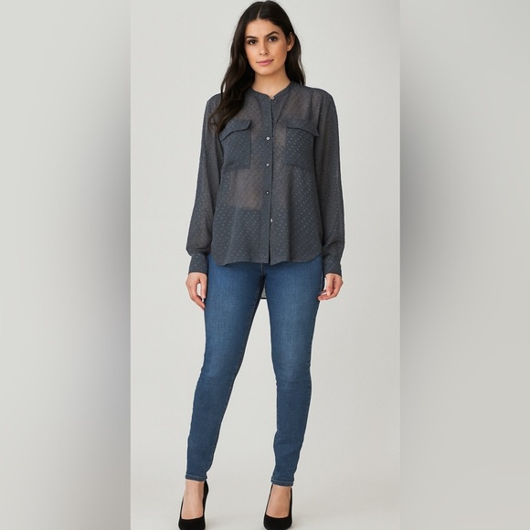 Madewell Womens Large Blouse  Sheer Gray Clip Dot Textured Button Front - Picture 1 of 9